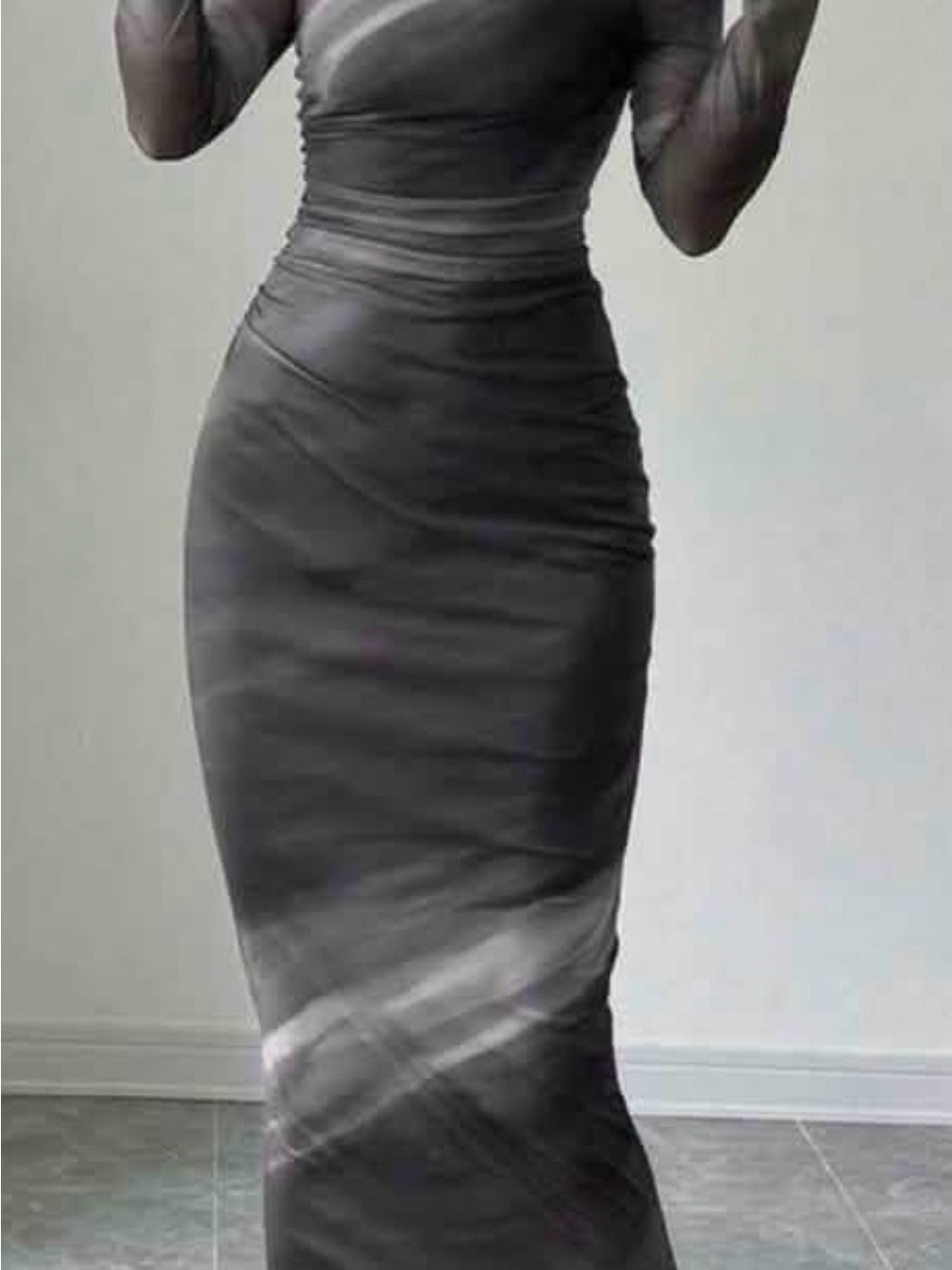 SHEIN Black Ruched Long Sleeve Maxi Bodycon Dress